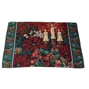 Christmas Tapestry Placemats Set Of 6 With Poinsettia Pinecones & Candle Design